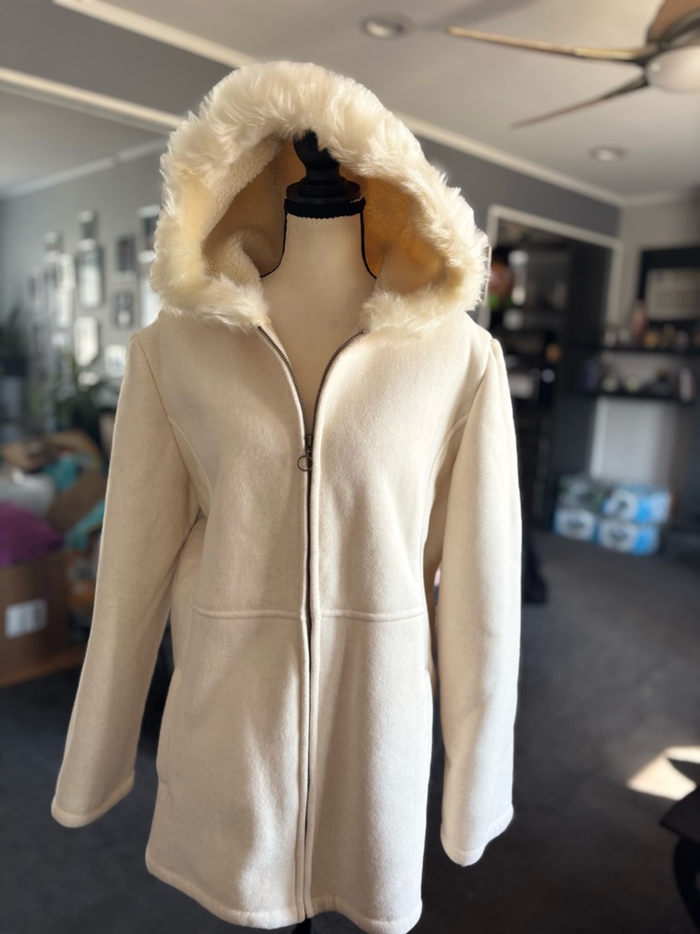 Women's Cream Hooded Faux-Fur Trim Pea Coat